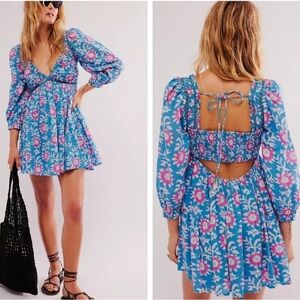 NEW Free People Sacha Mini Dress River Combo Floral Cut Outs Open Back Size XL